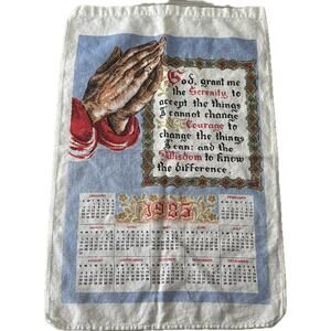 Vintage 1985 Serenity Prayer Tea Towel Calendar Praying Hands Linen Wall Hanging